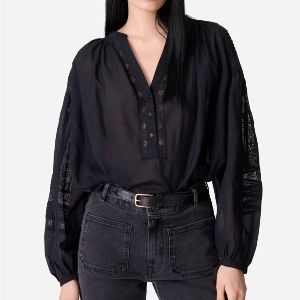 Vanessa Bruno Black Semi-Sheer Lace Detail Blouse - "Nipoa" Size 38 (US 8)